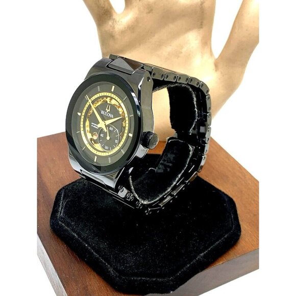 Bulova Men's Watch 98A291 Millennia Automatic Skeleton Gold Black Dial Ceramic - Picture 2 of 14